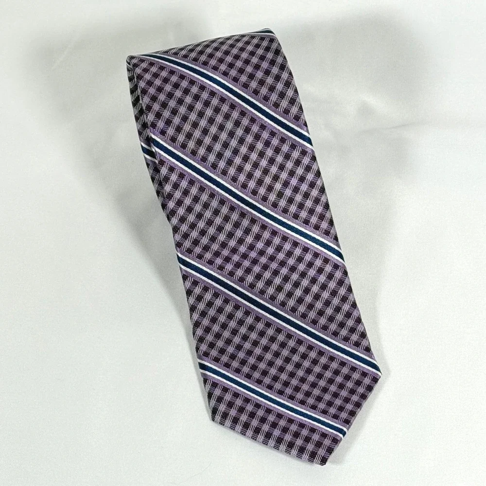 Jhane Barnes Necktie Mens Purple Geometric Striped 100% Silk Classic Tie
